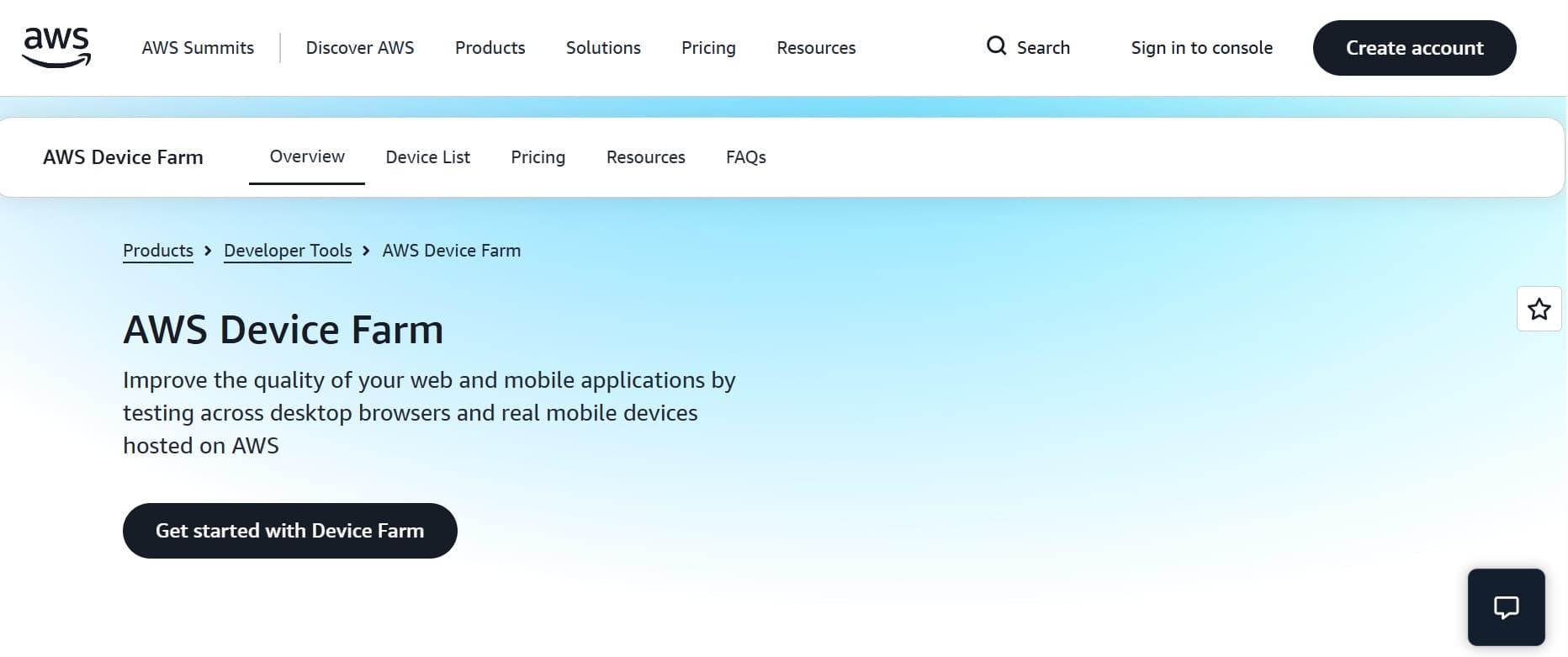 AWS Device Farm homepage screenshot — AWS-hosted mobile and web app testing on real devices