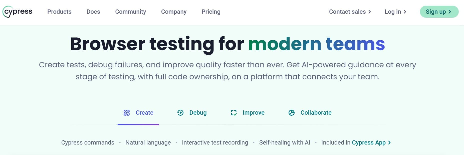 Cypress homepage screenshot — developer-friendly browser test automation framework
