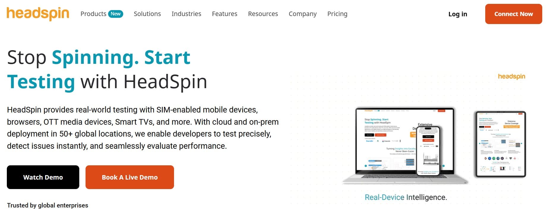 HeadSpin homepage screenshot — global real-device cloud with performance and user experience analytics