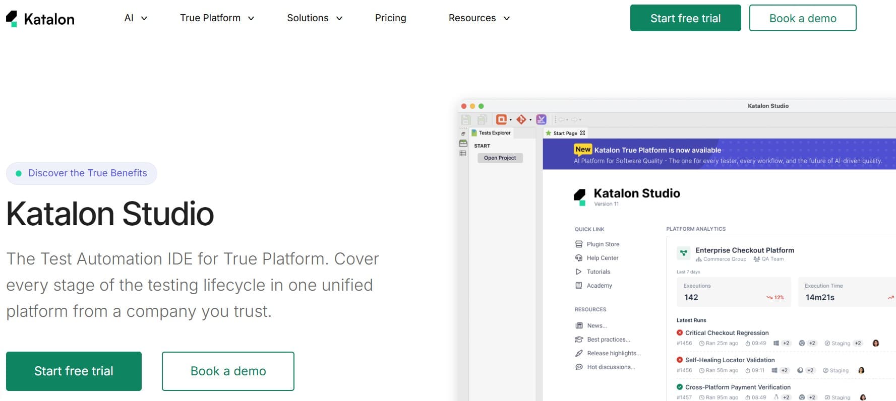 Katalon homepage screenshot — low-code test automation platform spanning web, API, mobile, and desktop