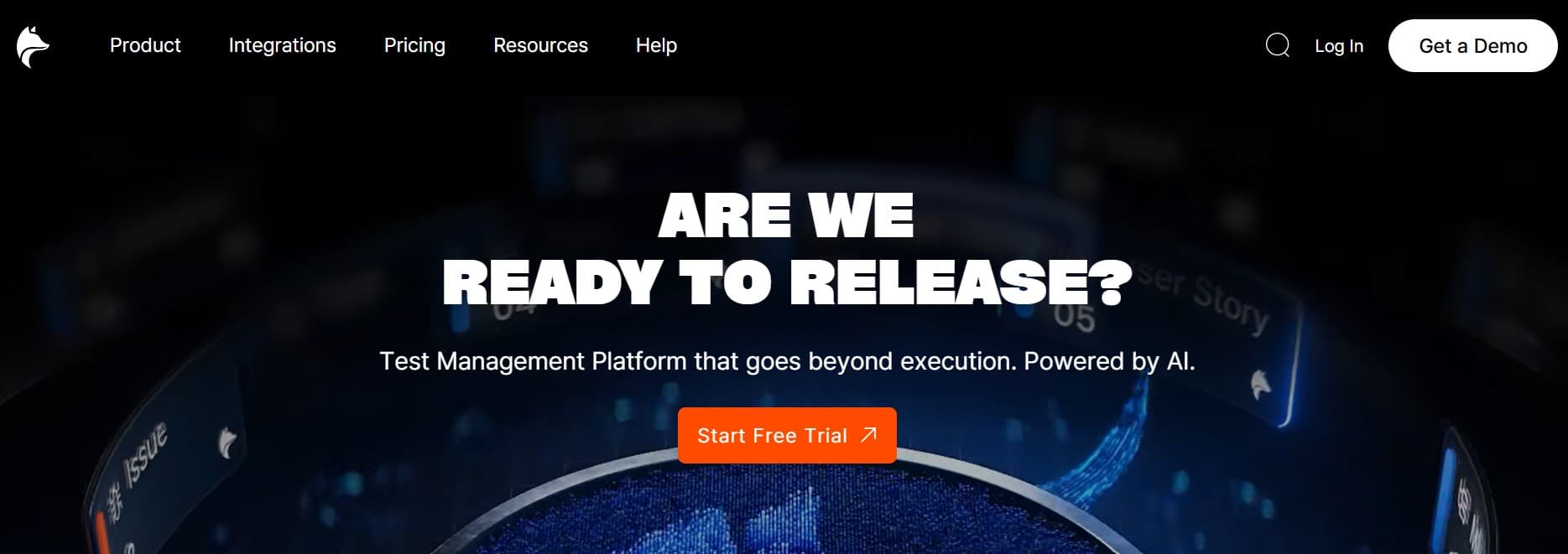 PractiTest homepage screenshot — end-to-end test management platform for enterprise QA