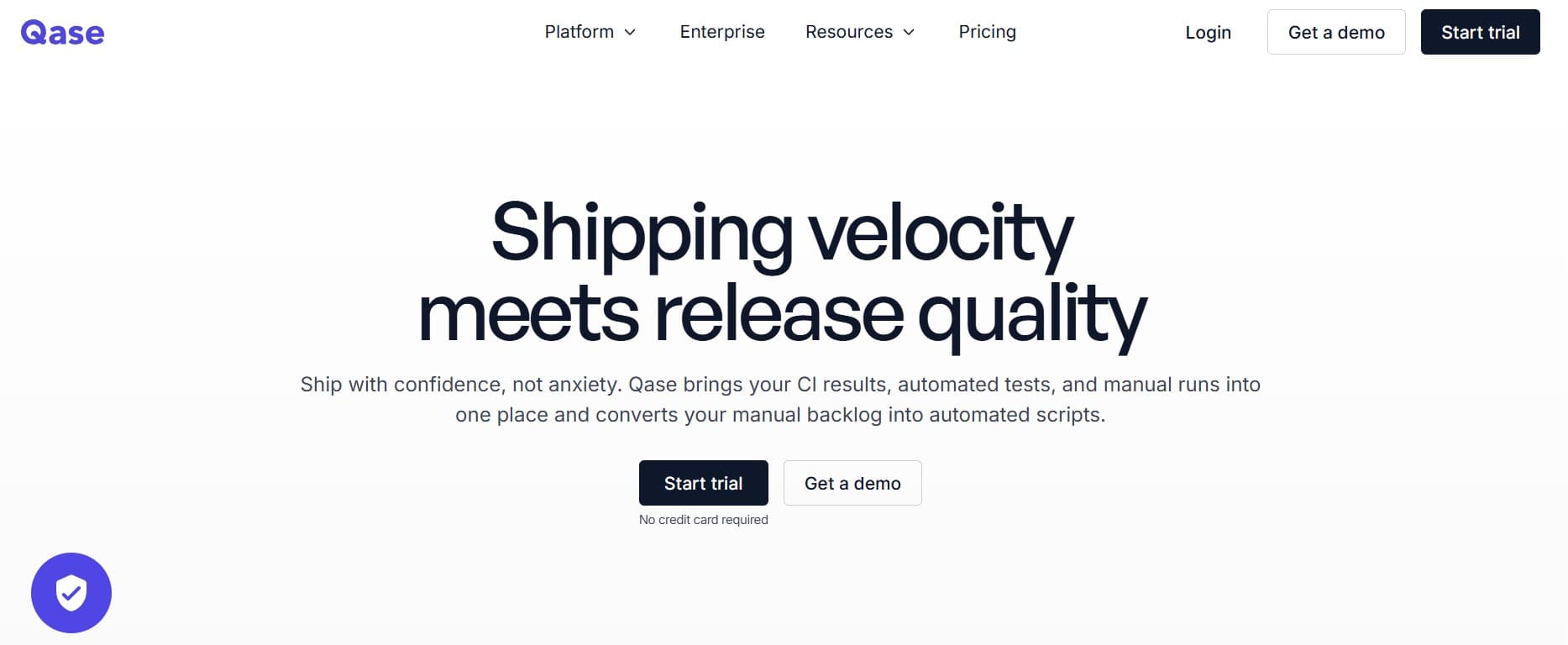 Qase homepage screenshot — modern test case management with AI-assisted authoring