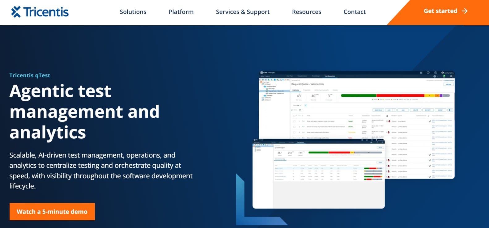 qTest homepage screenshot — Tricentis qTest enterprise test management platform