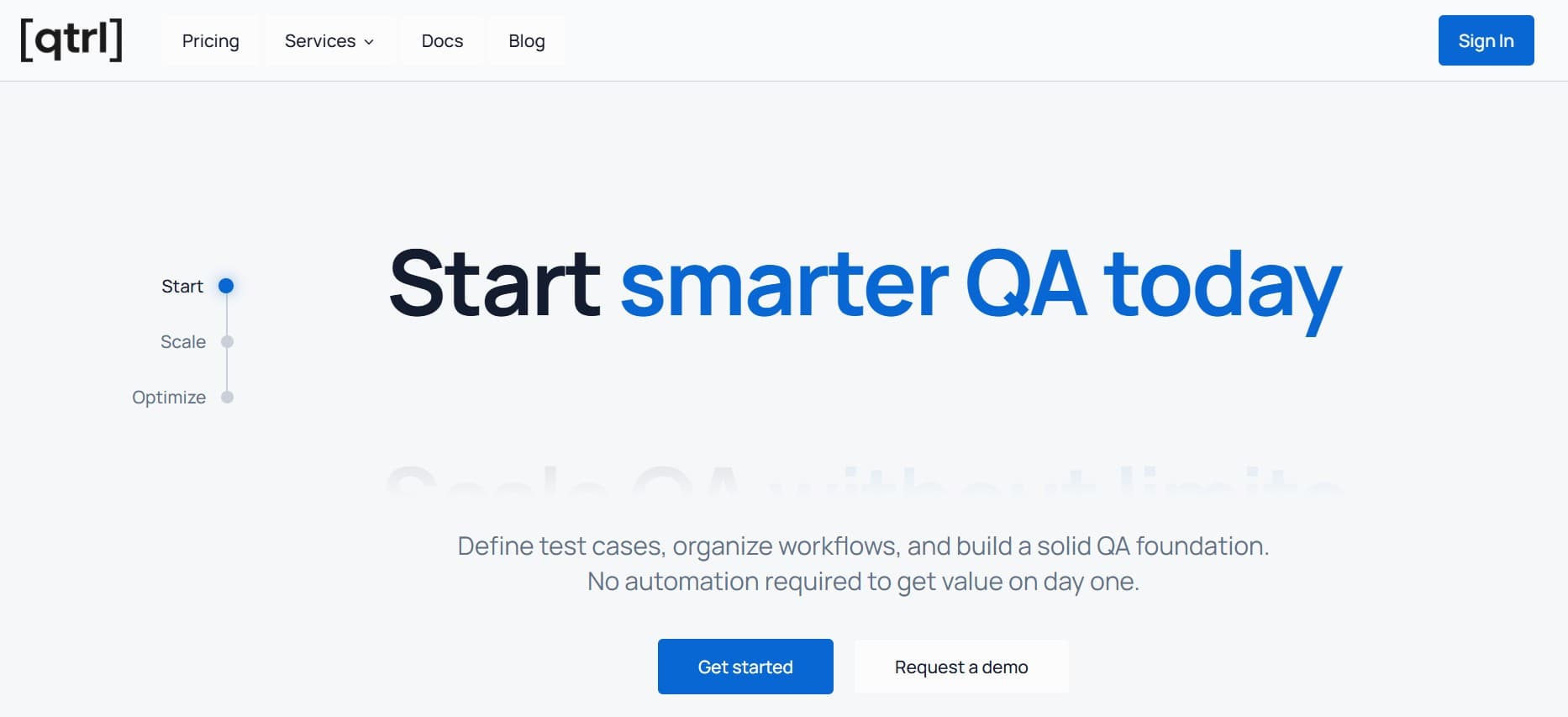 qtrl homepage screenshot — agentic QA platform unifying AI test case management, execution, and audit