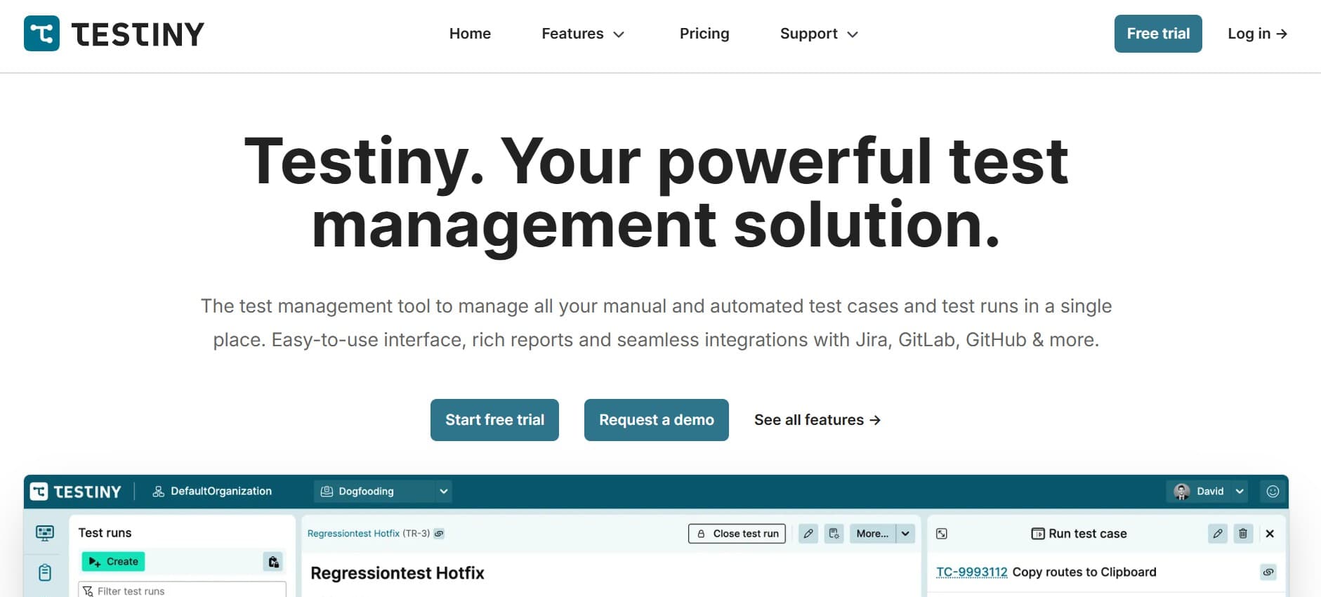 Testiny homepage screenshot — modern test case management tool with a clean editor experience