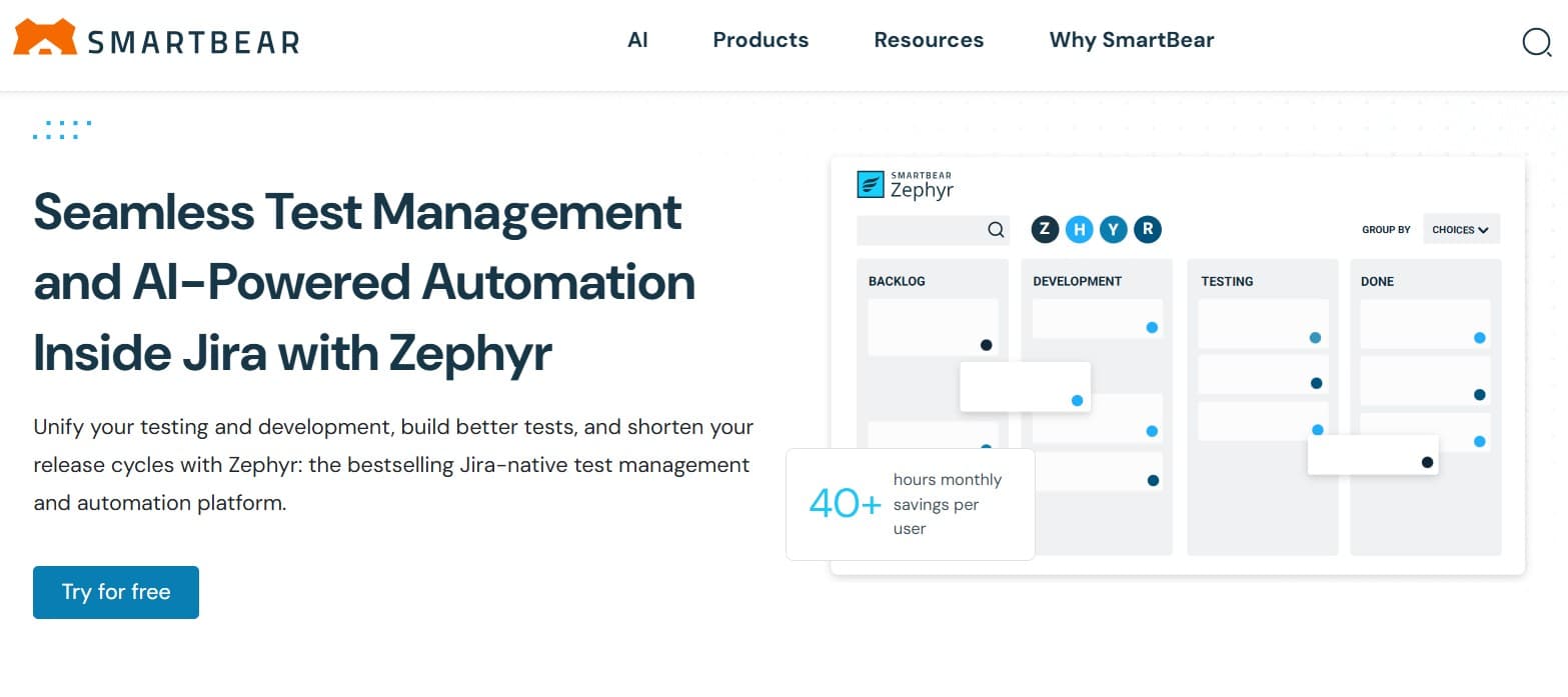 Zephyr Scale homepage screenshot — Jira-native test management at scale