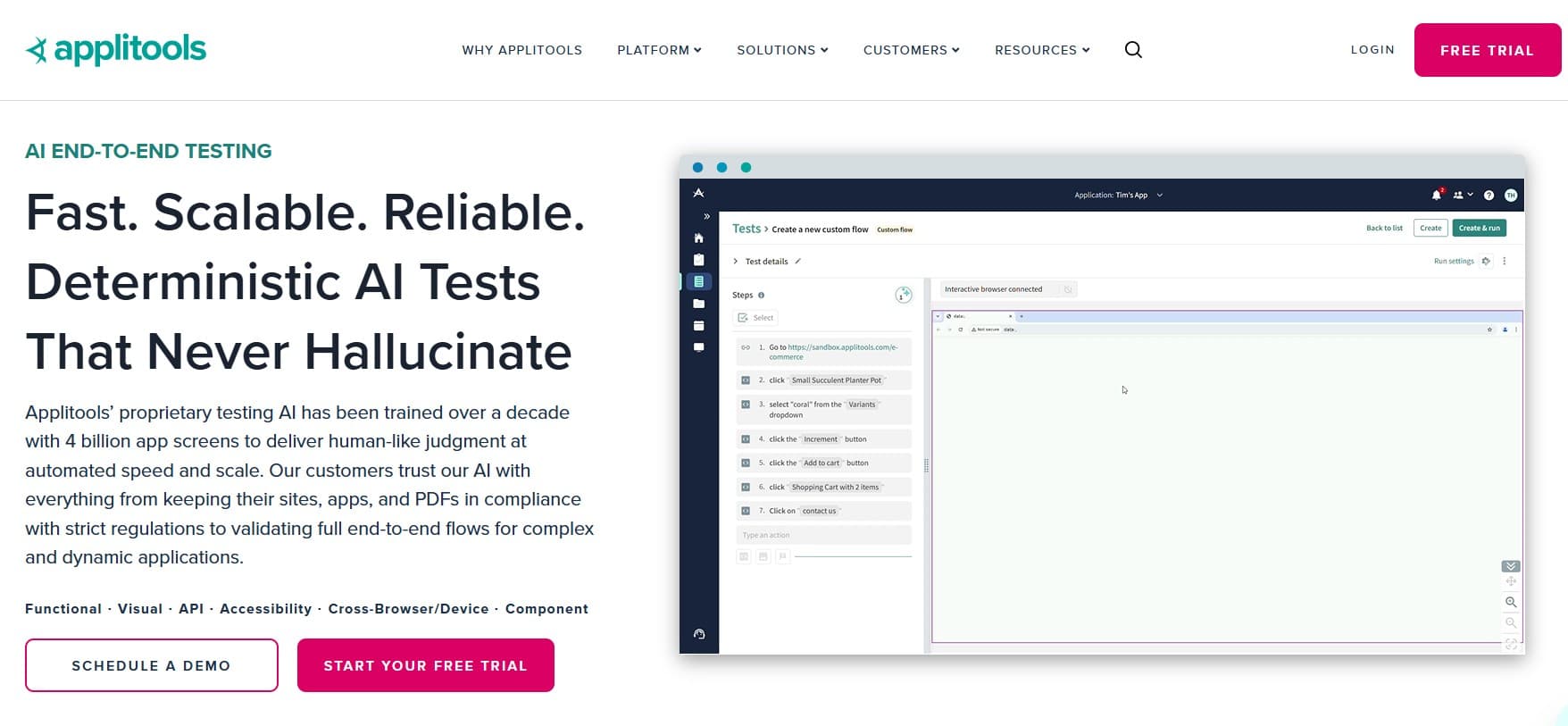 Applitools homepage screenshot — visual AI regression testing platform