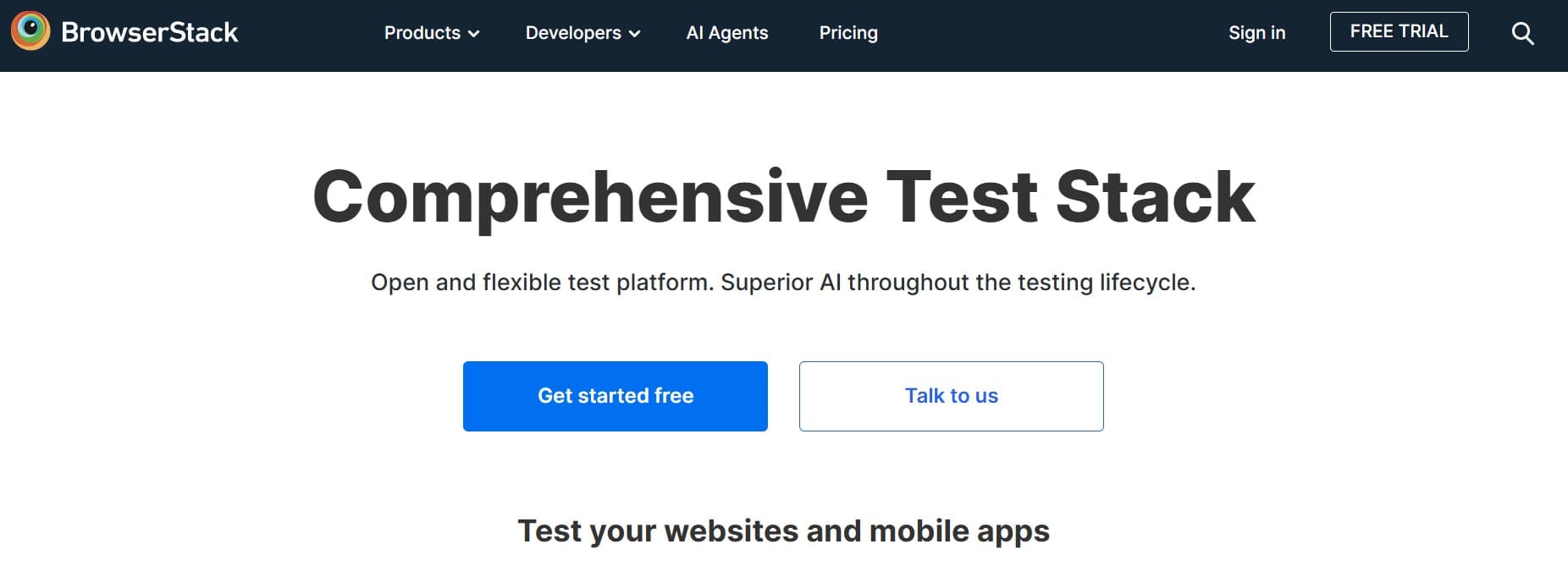 BrowserStack homepage screenshot — cross-browser and real-device cloud testing platform