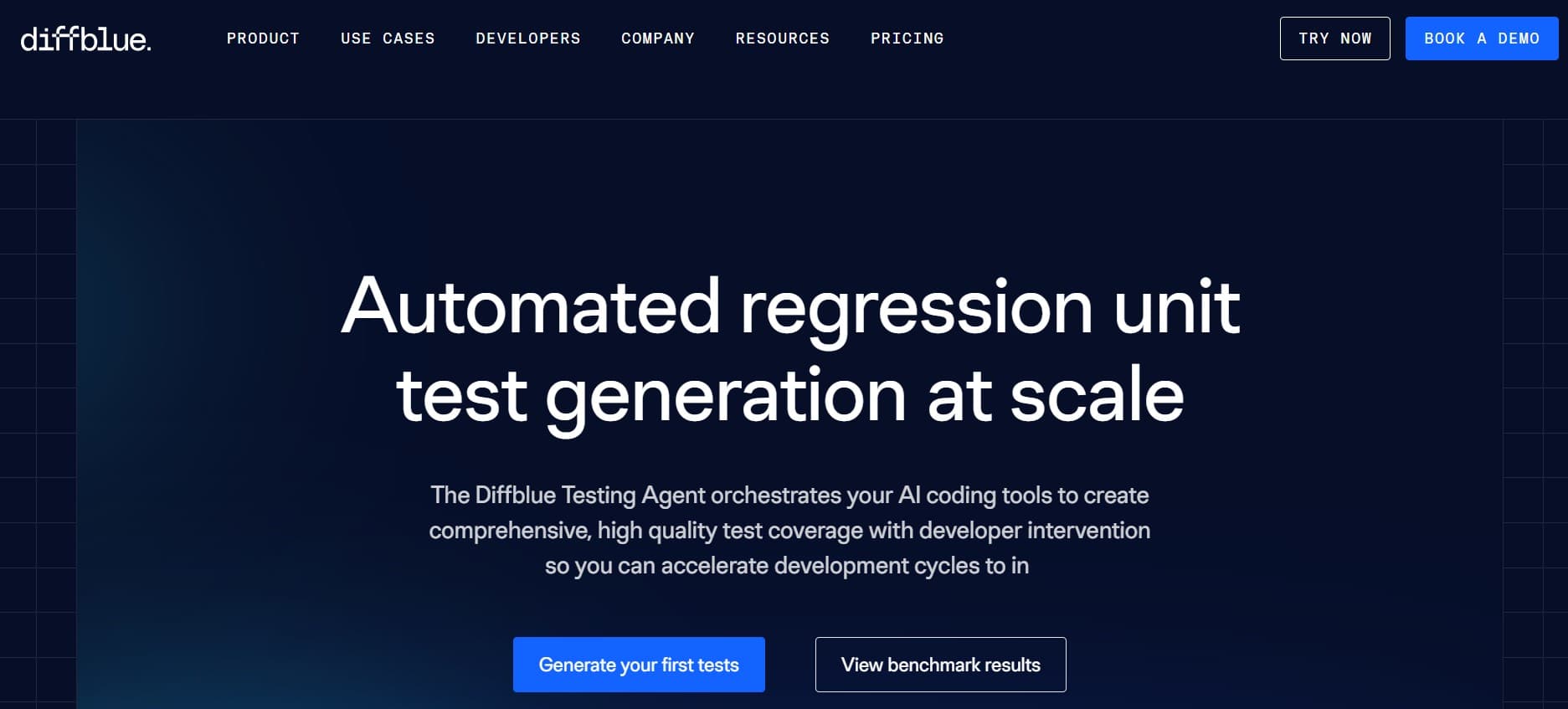 Diffblue homepage screenshot — AI unit test generation for Java codebases