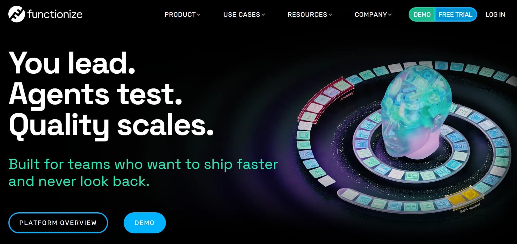 Functionize homepage screenshot — AI-driven test automation platform with self-healing tests