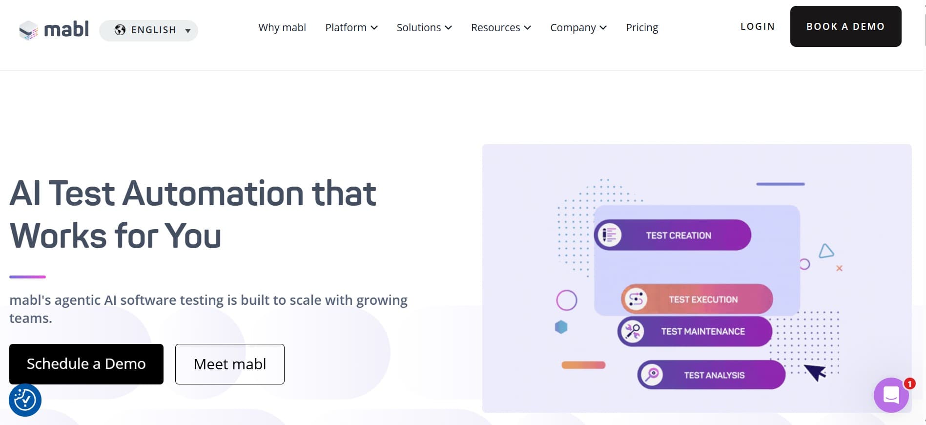 Mabl homepage screenshot — managed end-to-end testing with auto-healing and flake reduction
