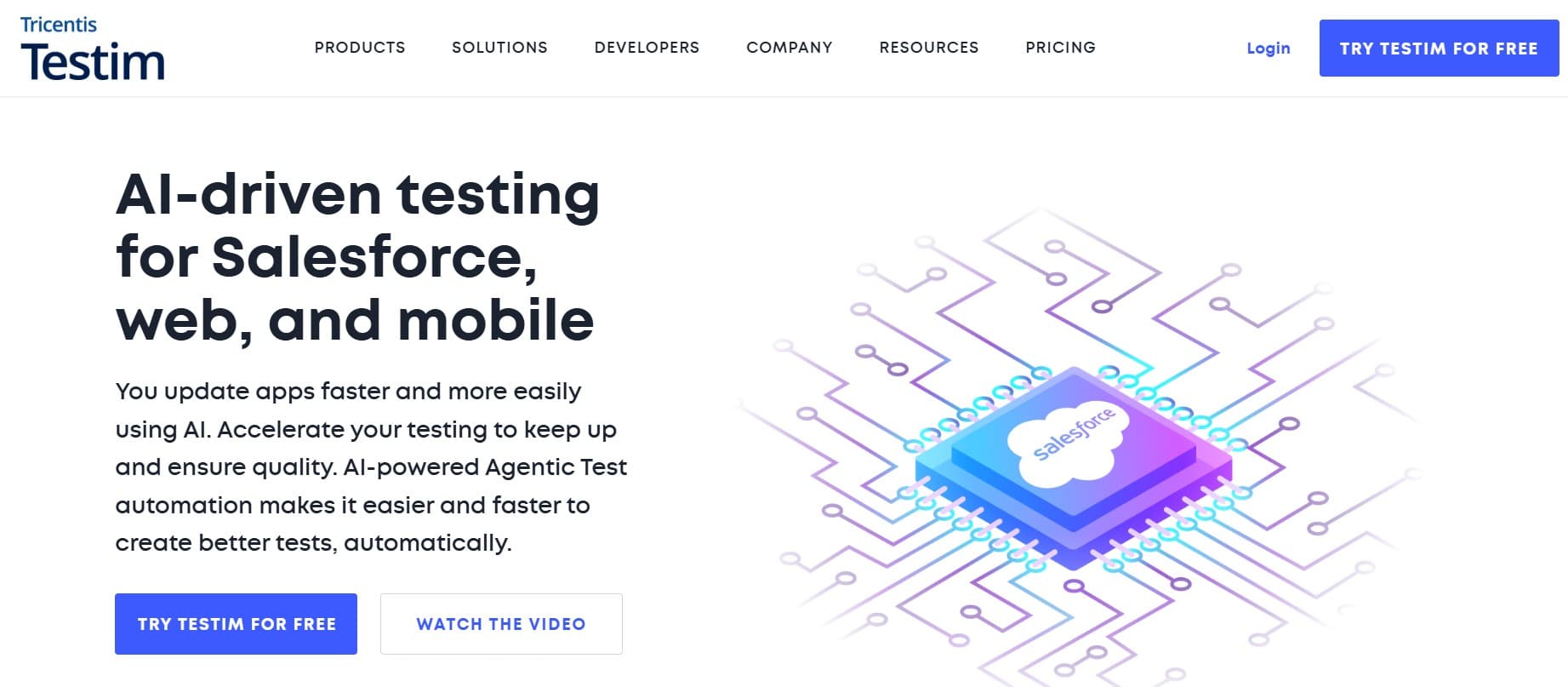 Testim homepage screenshot — AI-powered low-code UI test automation