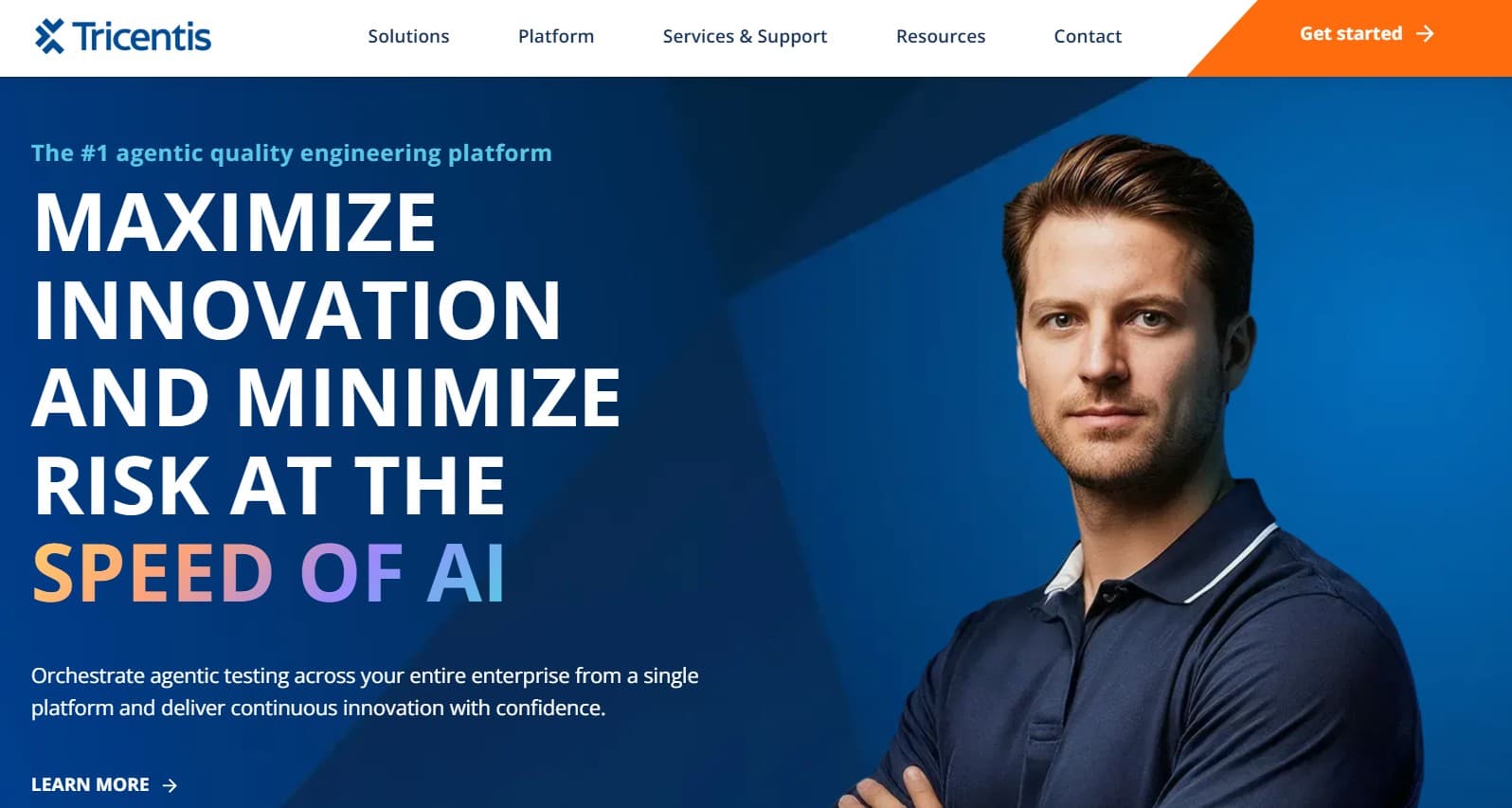 Tricentis Tosca homepage screenshot — enterprise model-based test automation platform with Copilot AI